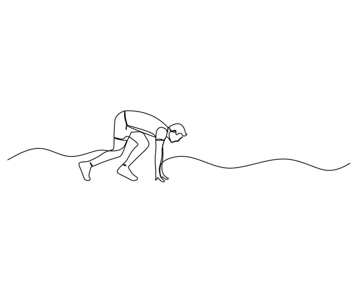 Continuous single line drawing of side view of a man is preparing for a race on a difficult road. Healthy sport training concept. Design illustration vector