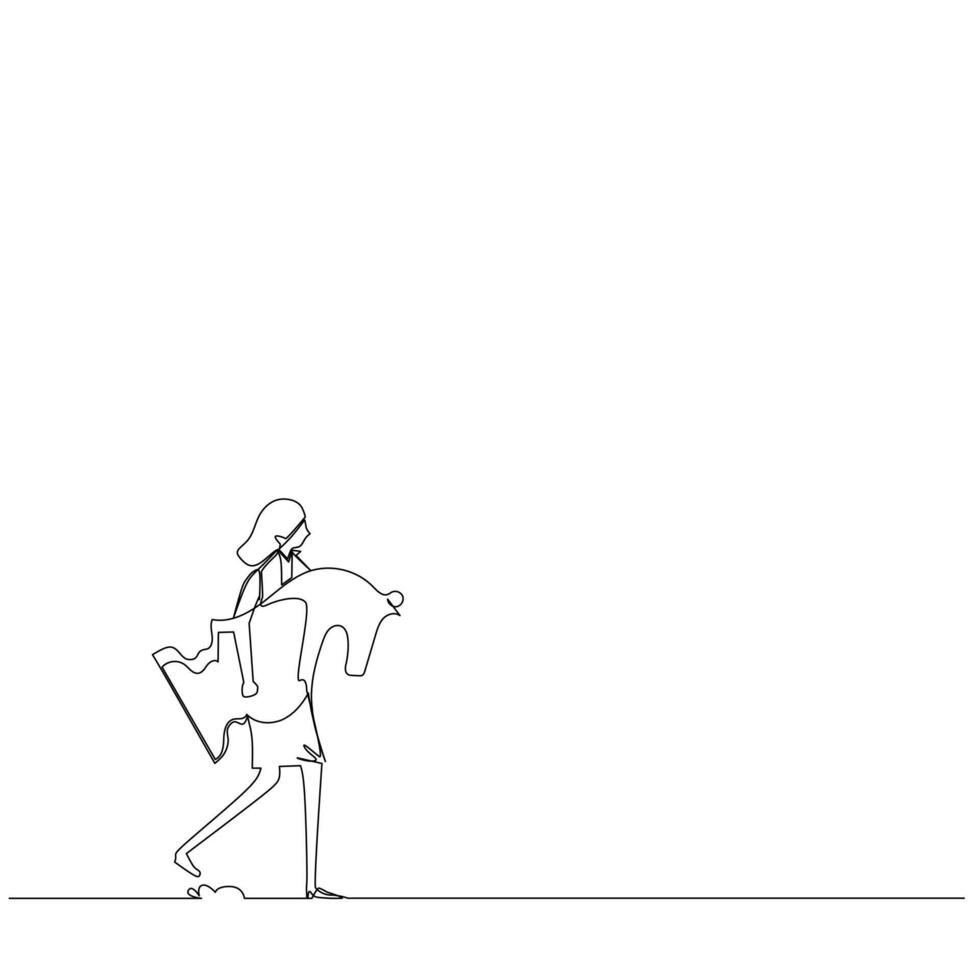 Continuous line drawing of a businessman walking carrying a Knight chess piece. Design concept or illustration of Strategy and determination in business vector