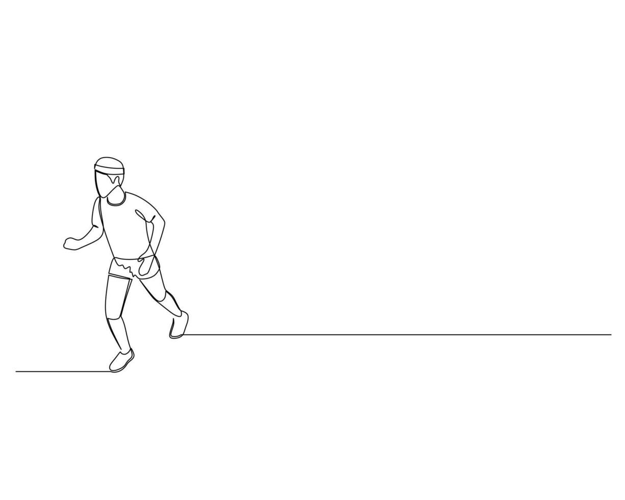 continuo soltero línea dibujo de el hombre estaba corriendo y casi alcanzado el final de el la carretera. sano deporte formación concepto. diseño ilustración vector