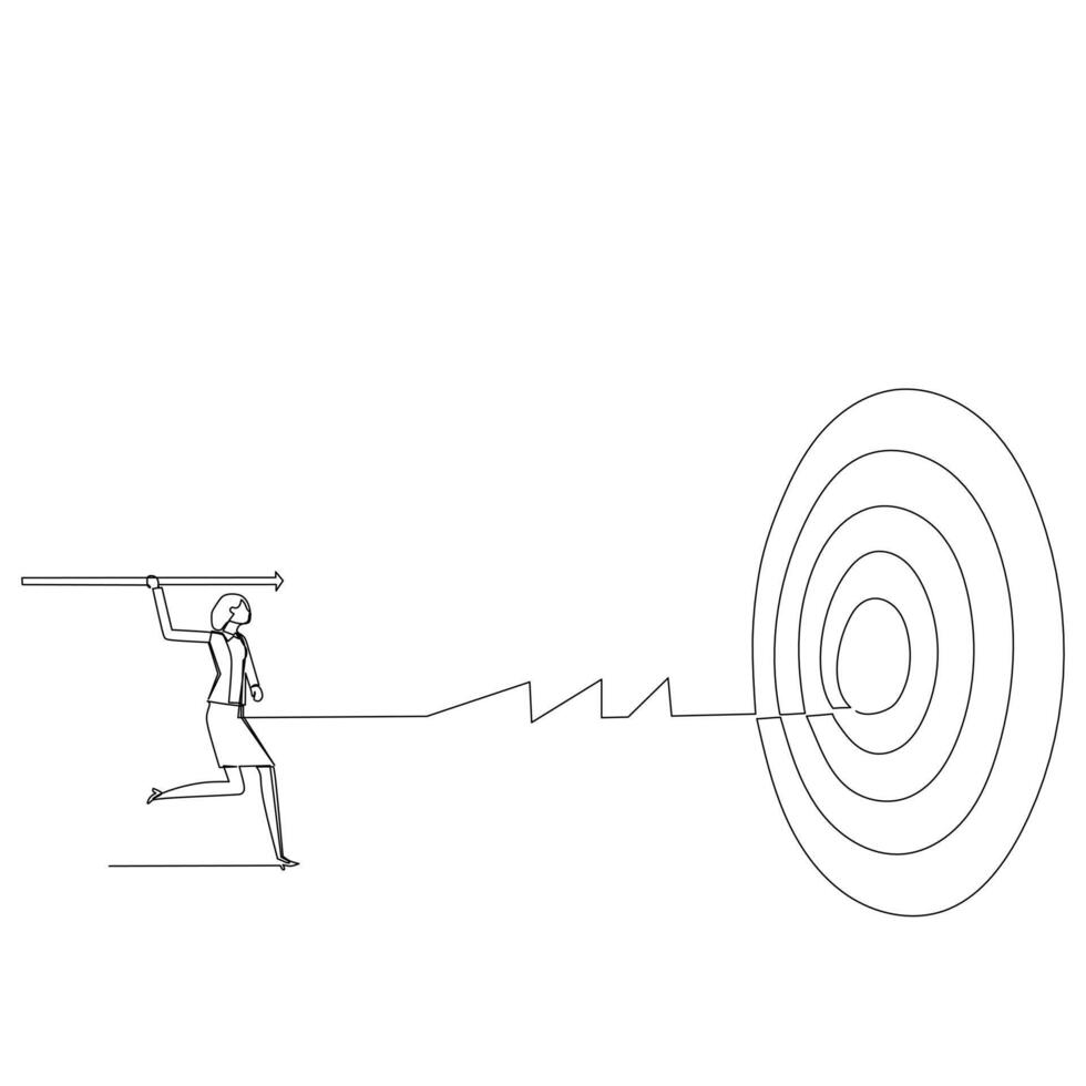 Businesswoman aiming at target. Continuous line drawing. Setting business target and goal. illustration. vector