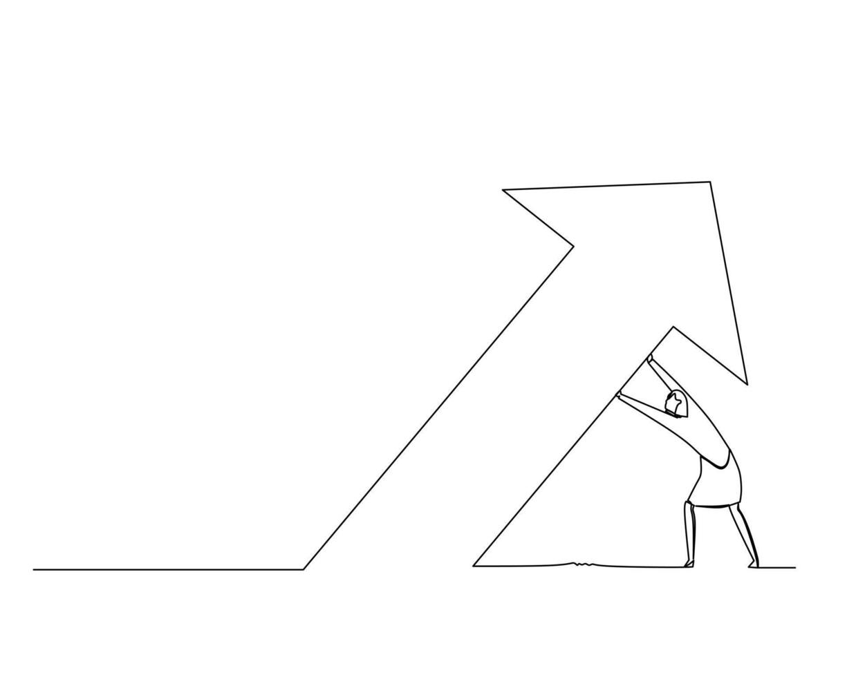 Continuous single one line businesswoman holding arrow sign to go up. Business growth strategy concept. Design illustration vector