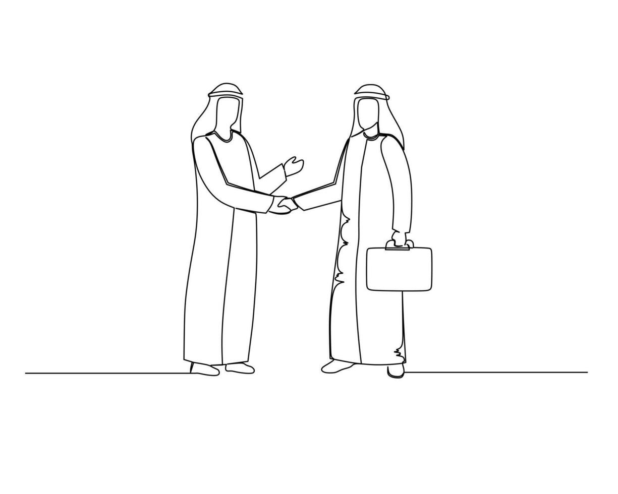 Continuous single one drawing two arab businessmen are shaking hands. illustration design for Business growth strategy concept. vector