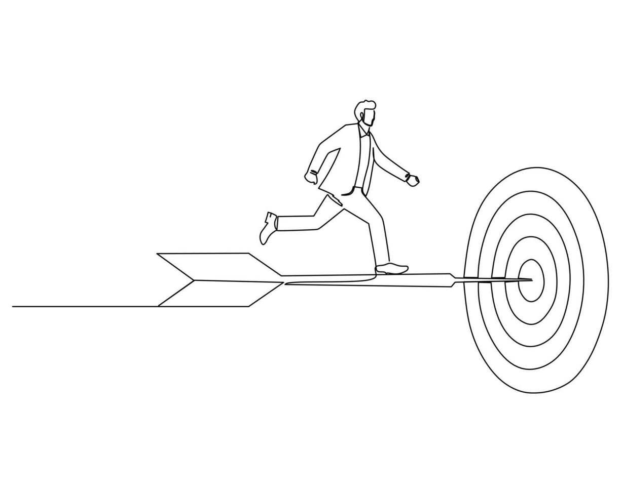 Continuous single one drawing businessman running on arrows stamped on the goal board. illustration design for business growth strategy concept. vector