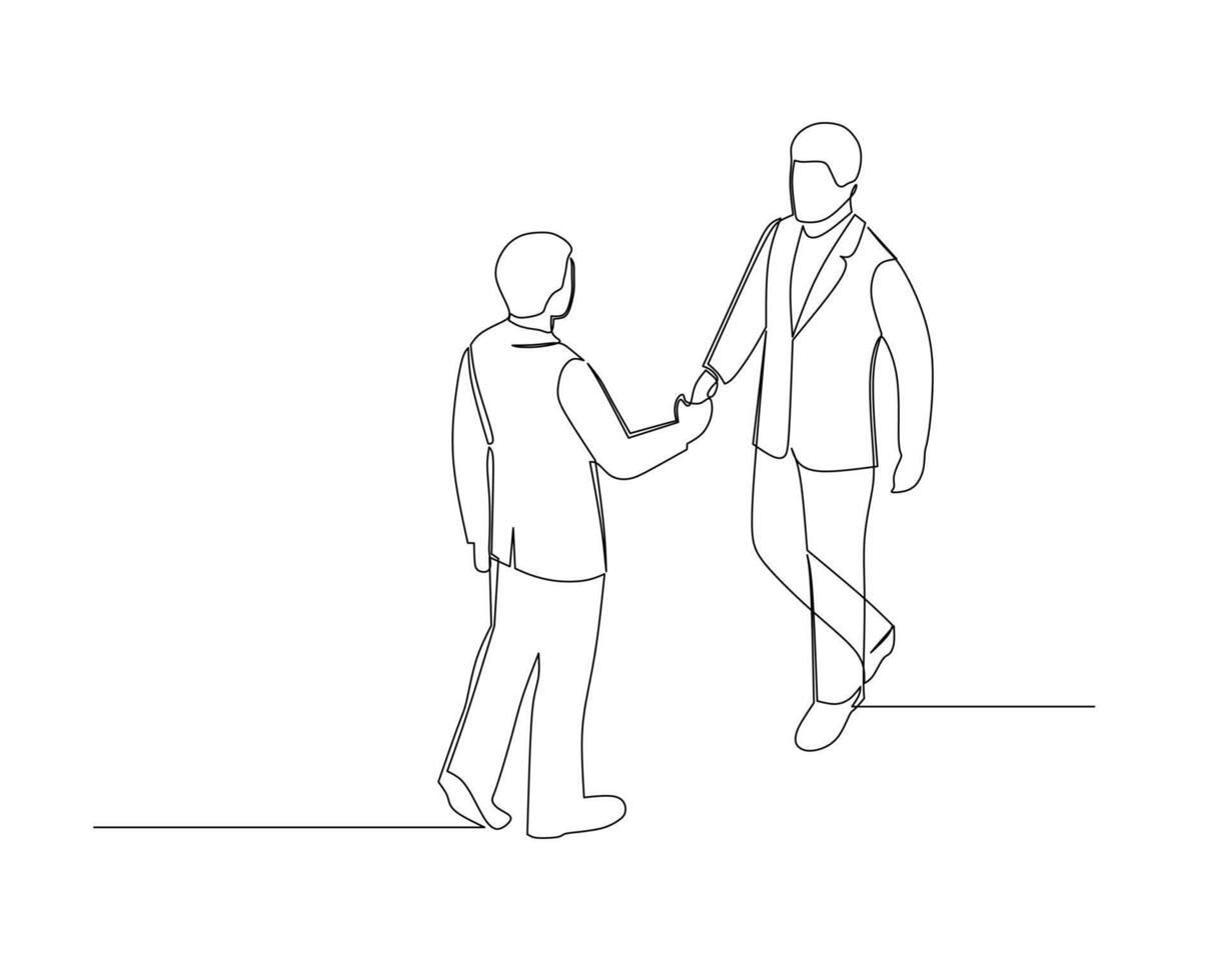 Continuous one line drawing two businessman shaking hands. Business growth concept. cooperation. Design illustration vector