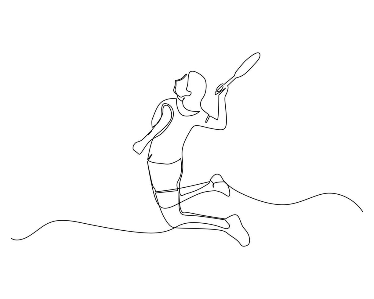 Single continuous line drawing of young agile female badminton player jump and smash the ball. Sport exercise concept. Trendy one line draw design illustration for badminton tournament concept vector
