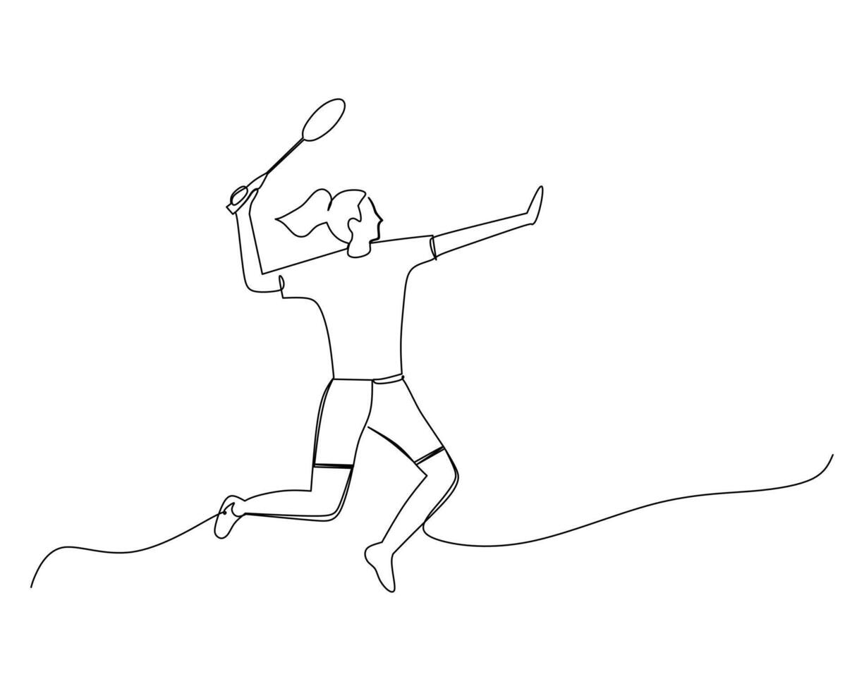 Continuous line drawing young agile woman badminton player jump and smash shuttlecock. Badminton tournament event. Sport exercise healthy concept. Single line draw design illustration vector