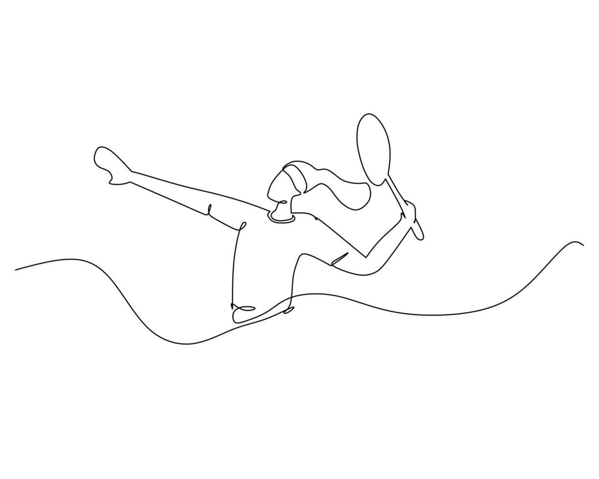 One single line drawing of young energetic badminton player jumping and smash shuttlecock illustration. Healthy sport concept. Modern continuous line draw design for badminton tournament poster vector