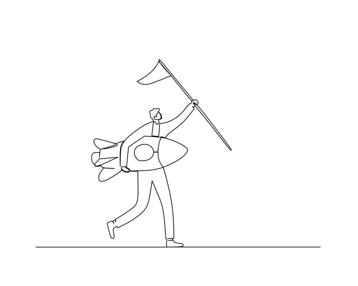 Continuous single one line a businessman holds a rocket in his right hand and a flag in his left hand. Business growth concept. Design illustration vector