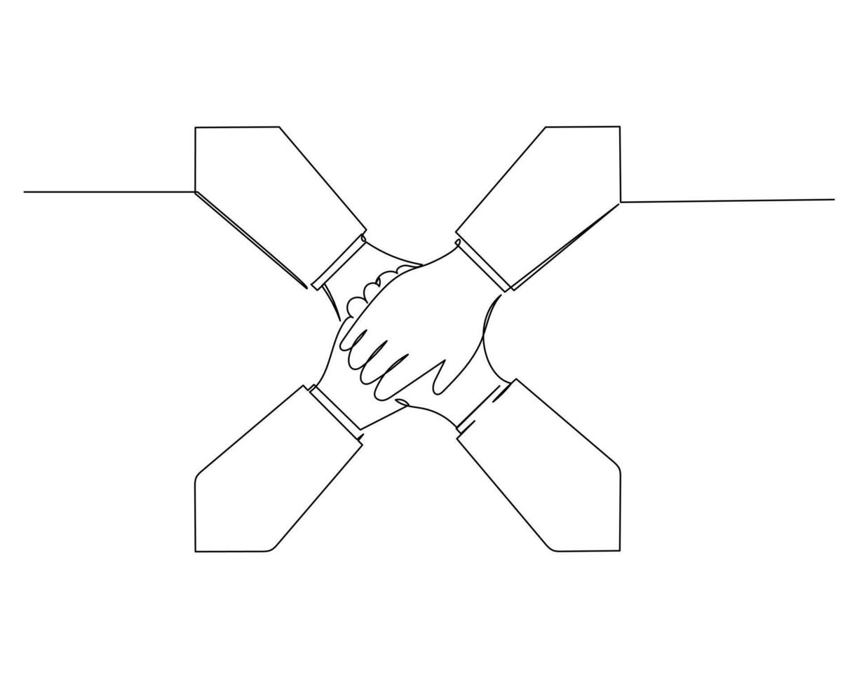 Continuous single one drawing four hands placed ontop of each other. Business growth strategy concept. Design illustration vector