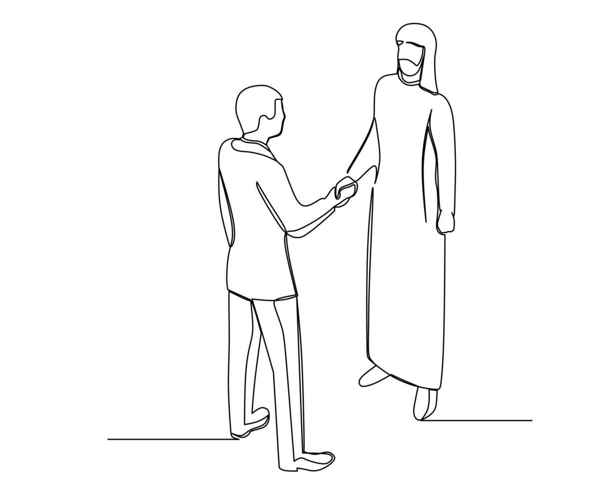 Continuous line drawing of Businessman shaking hands with Arab businessman. Business growth concept. Design illustration vector