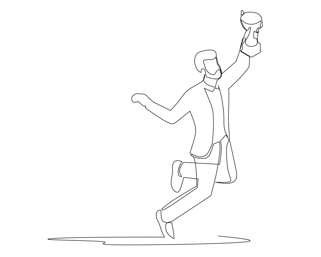 Continuous one line drawing the businessman was happy and celebrating with holding the trophy. Business growth concept. achievement. Design illustration vector