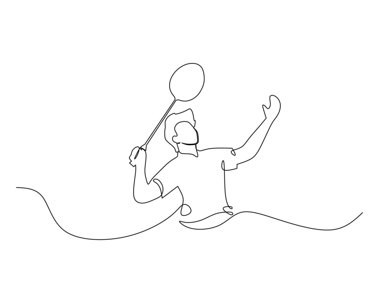Single continuous line drawing of young agile badminton player jump and smash the ball. Sport exercise concept. Trendy one line draw design illustration for badminton tournament publication vector