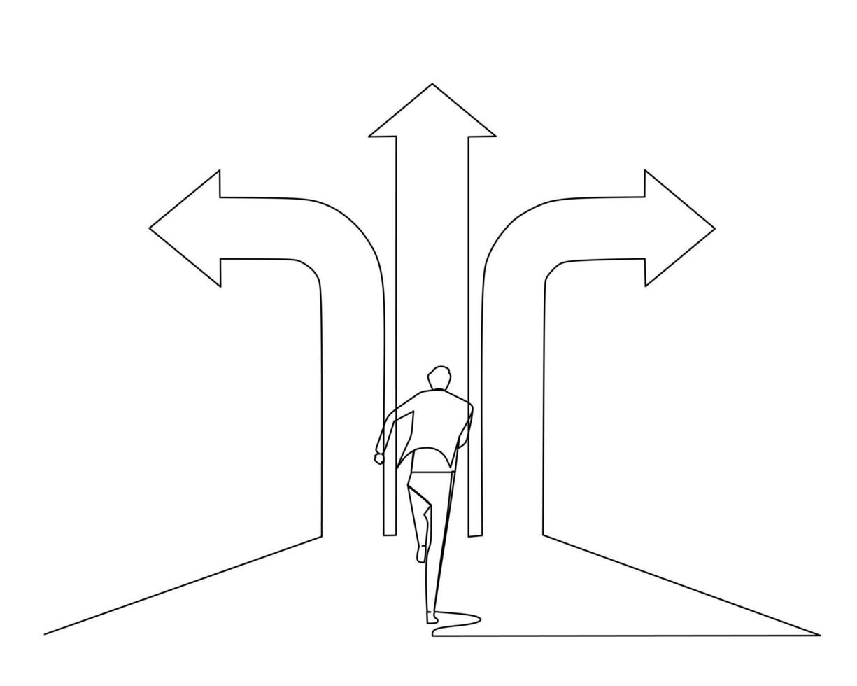 Continuous single one line drawing a businessman who runs in 3 different arrow directions. concept of choice in career vector