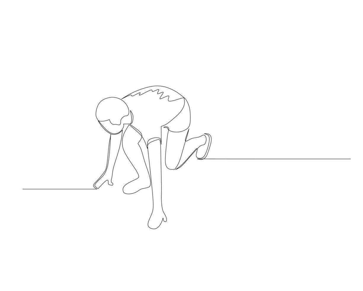 Continuous single line drawing of young energetic runner ready to sprint at start line. Healthy sport training concept. Design illustration vector