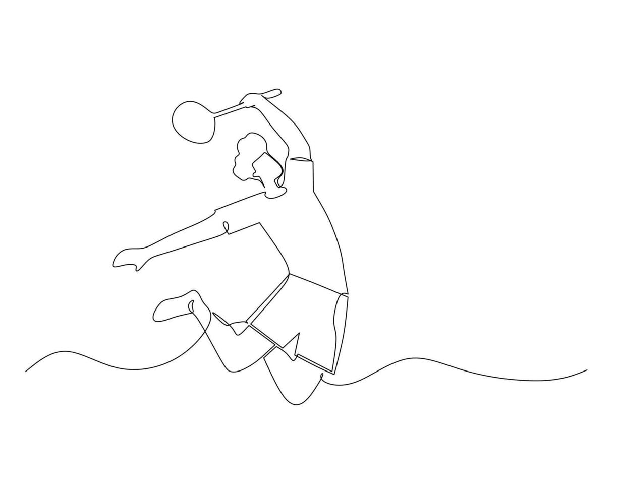 Single continuous line drawing young agile woman badminton player jump and smash shuttlecock. Badminton tournament event. Sport exercise healthy concept. One line draw design illustration vector