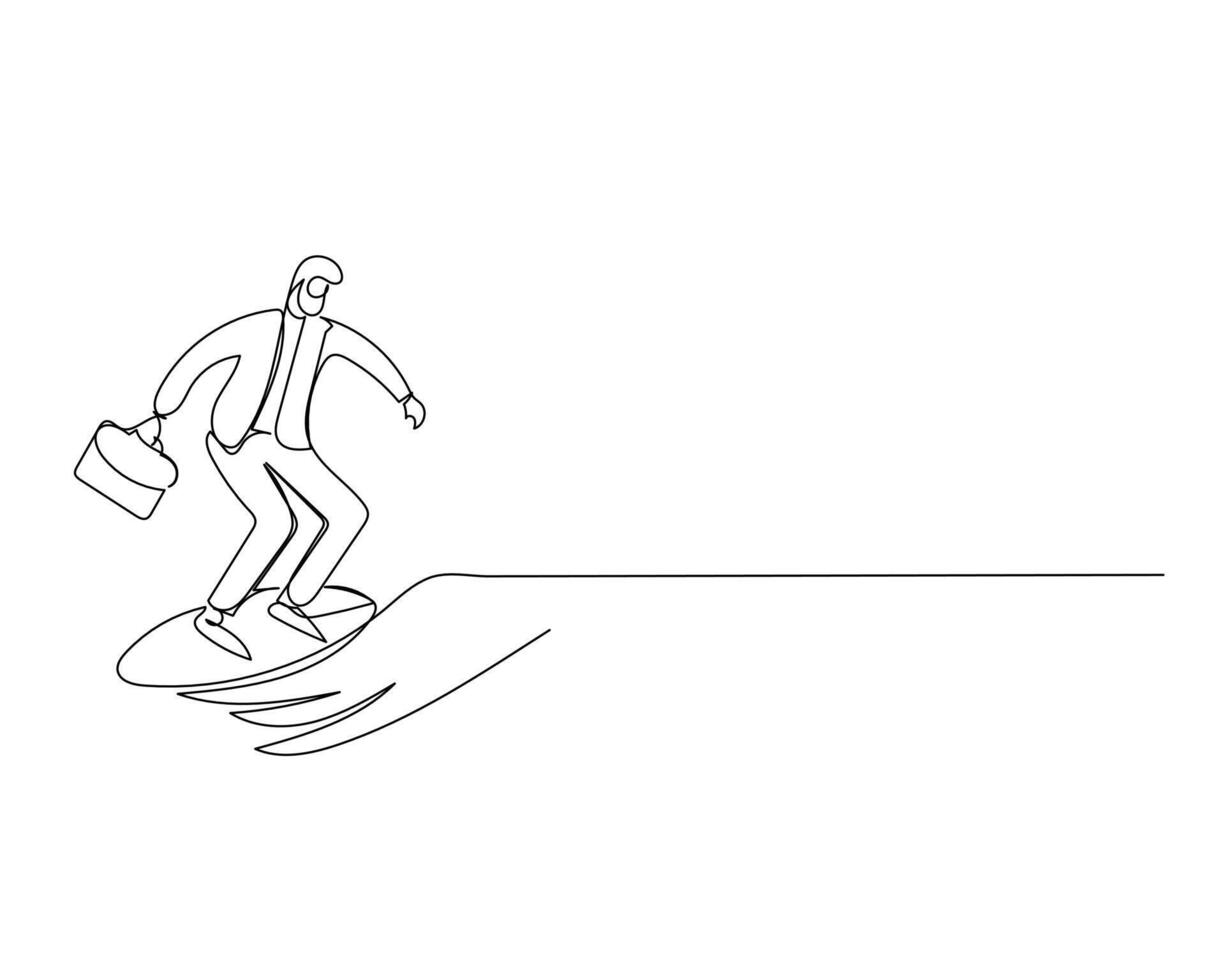 Continuous single one drawing businessman holding a suitcase surfing forward. illustration design for Business growth strategy concept. vector