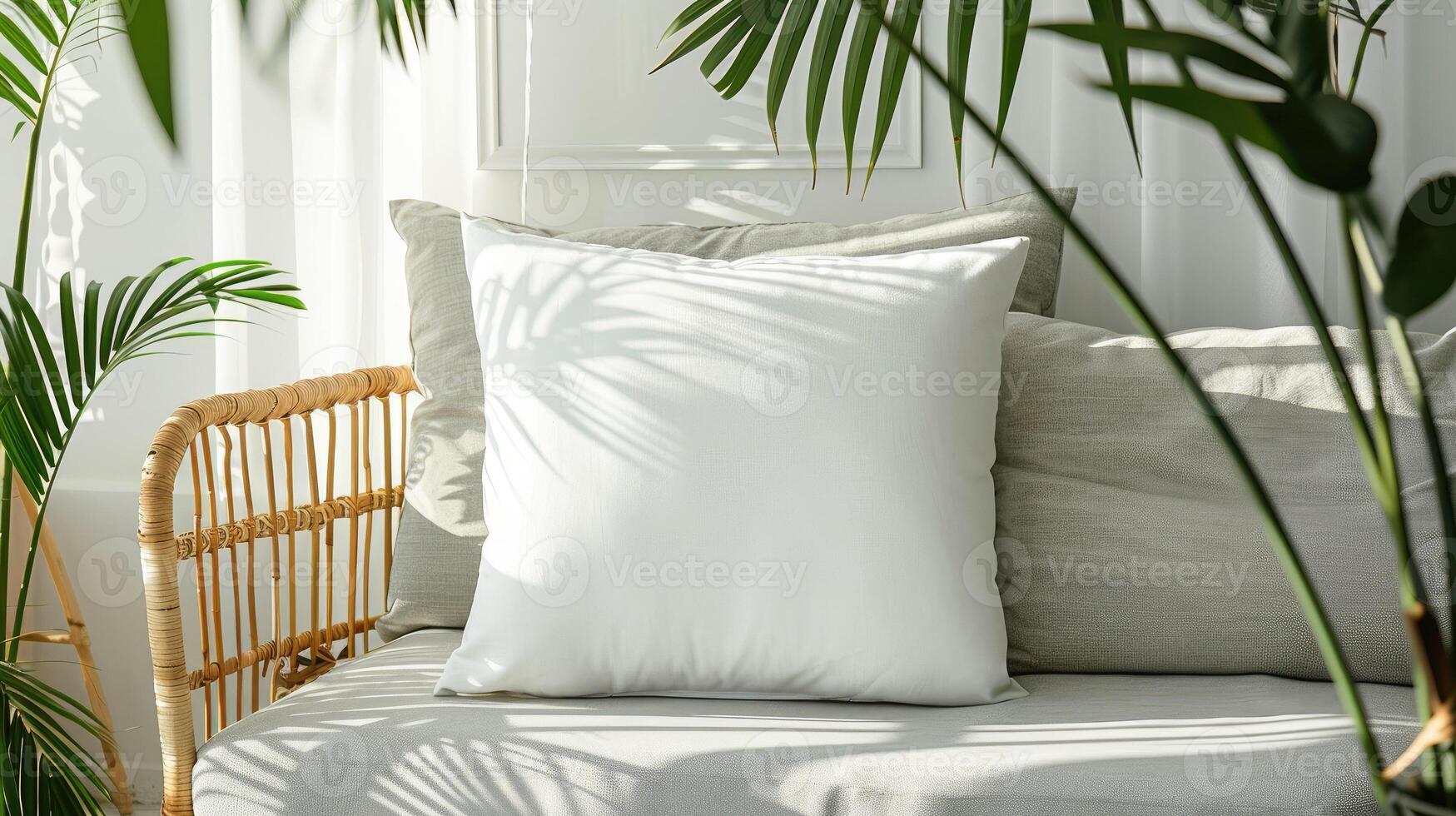 blanco almohada Bosquejo en un elegante, ligero moderno vivo habitación foto