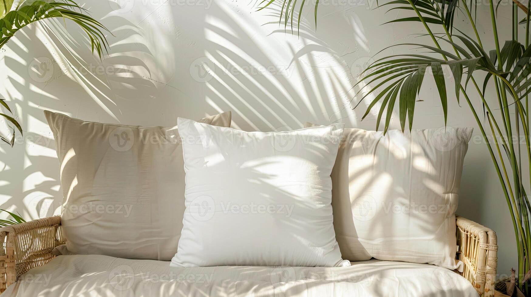 White Pillow mockup in an elegant, light modern living room, Ready to replace your design photo