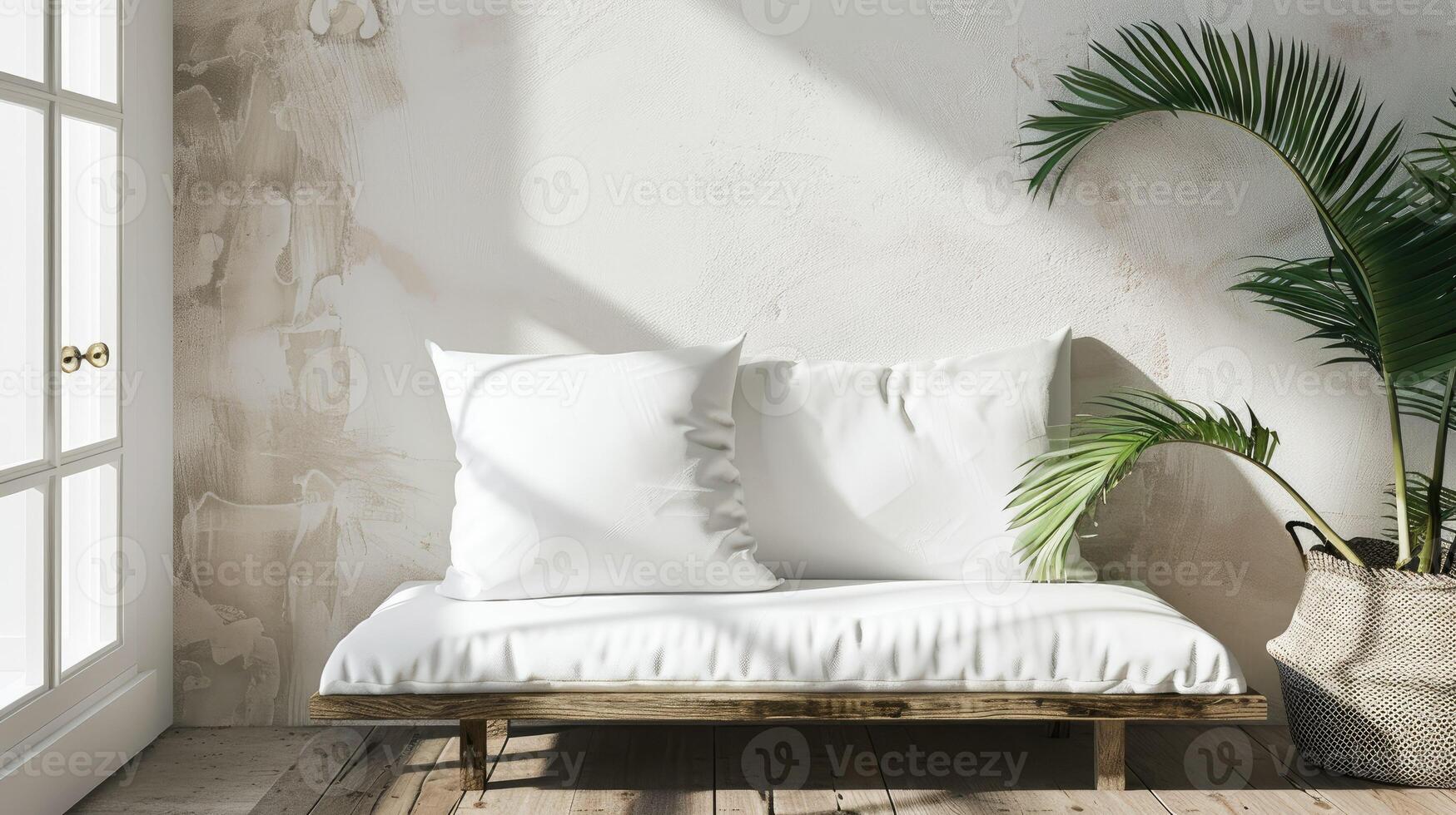 blanco almohada Bosquejo en un elegante, ligero moderno vivo habitación foto