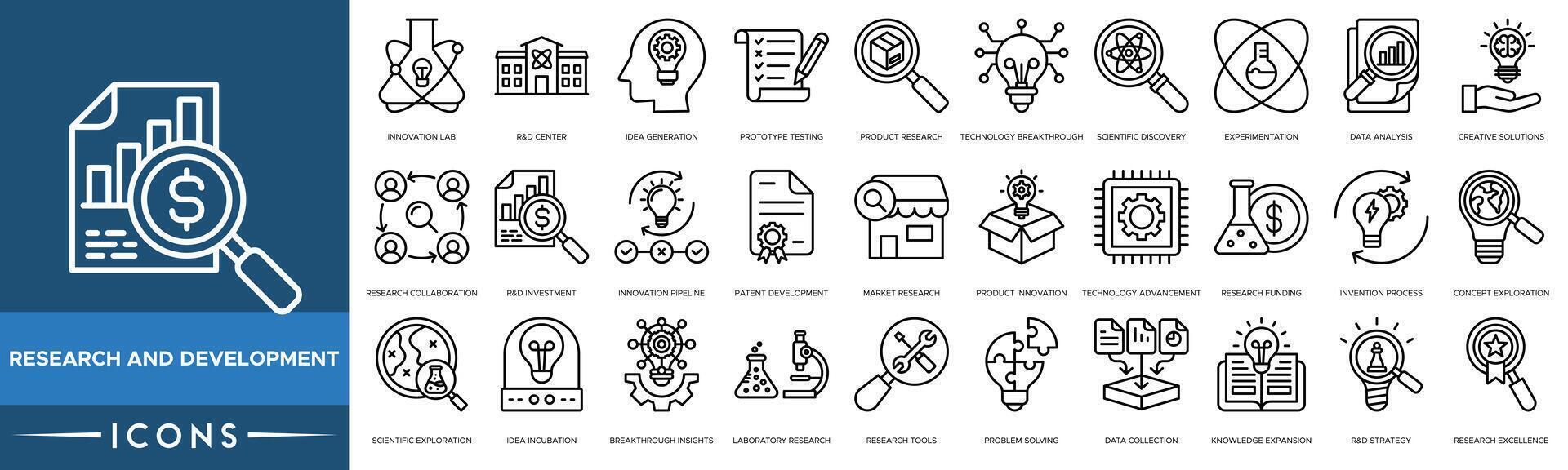 Research And Development icon. Innovation Lab, Center, Idea Generation, Prototype Testing, Product Research, Technology Breakthrough, Scientific Discovery, Experimentation, Data Analysis vector