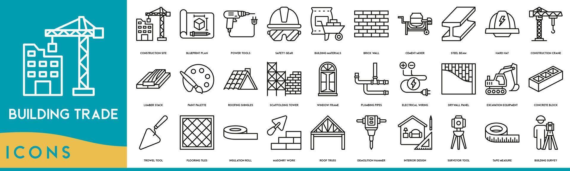 Building Trade icon line. Construction Site, Blueprint Plan, Power Tools, Safety Gear, Building Materials, Brick Wall, Cement Mixer, Steel Beam, Hard Hat icon set vector