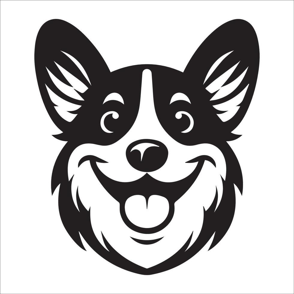 perro logo - un pembroke galés corgi alegre cara ilustración en negro y blanco vector