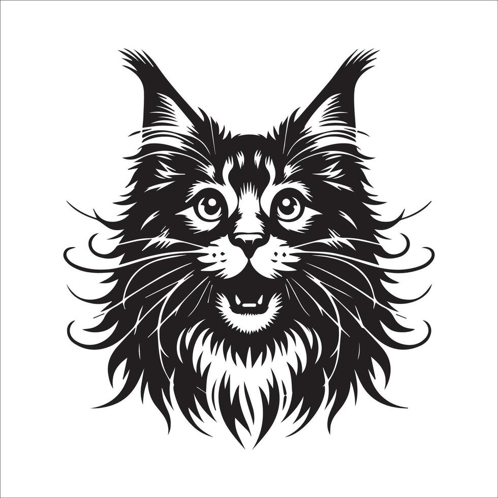 gato logo - emocionado Maine mapache gato cara en negro y blanco vector