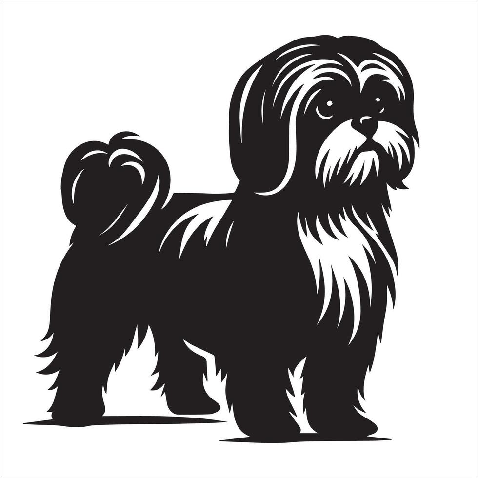illustration of a Shih Tzu dog Standing in black and white vector