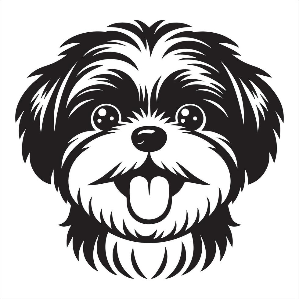 perro logo - un shih tzu perro contento cara ilustración en negro y blanco vector