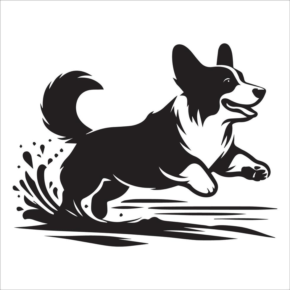 illustration of a Pembroke Welsh Corgi dog jumping in black and white vector