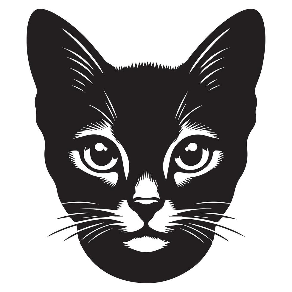 Abyssinian cat face with intense eye illustration in black and white vector