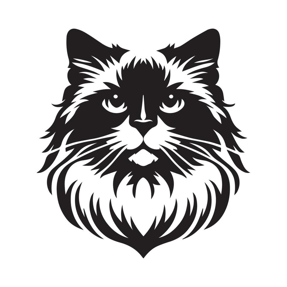 illustration of Determined Ragdoll cat face in black and white vector
