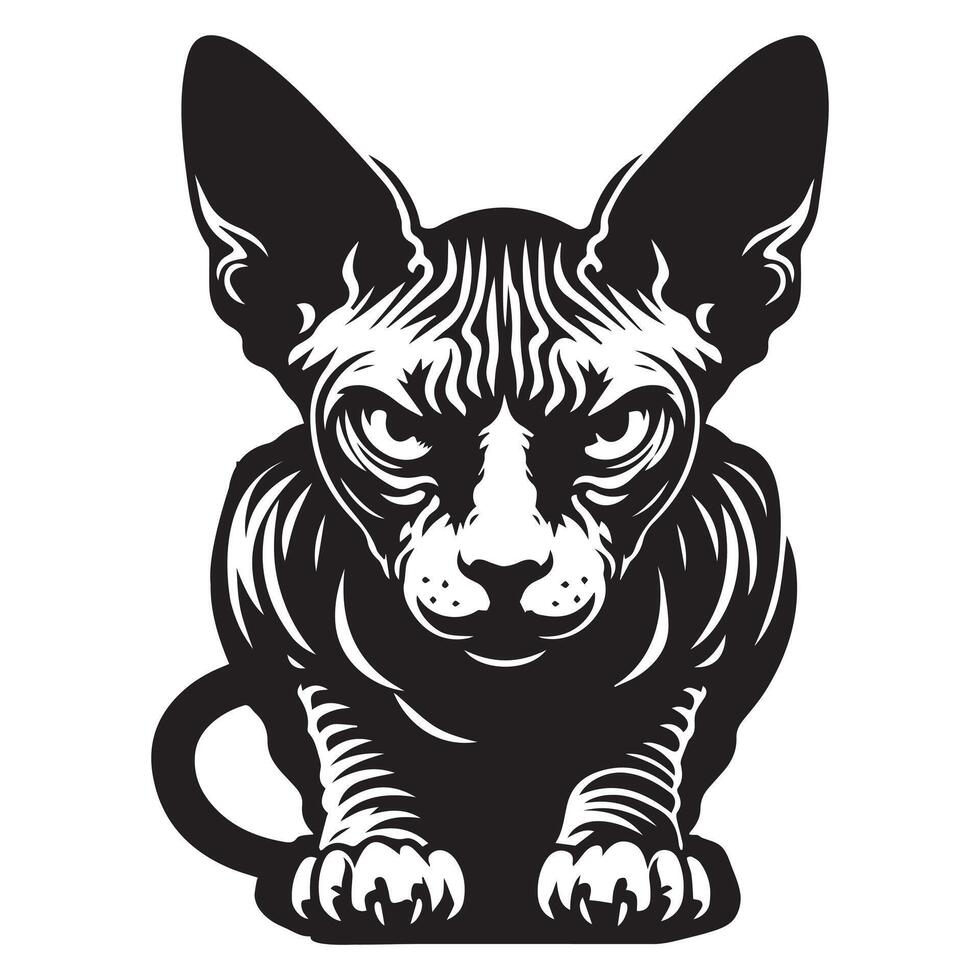 gato - un enojado sphynx gato cara ilustración en negro y blanco vector