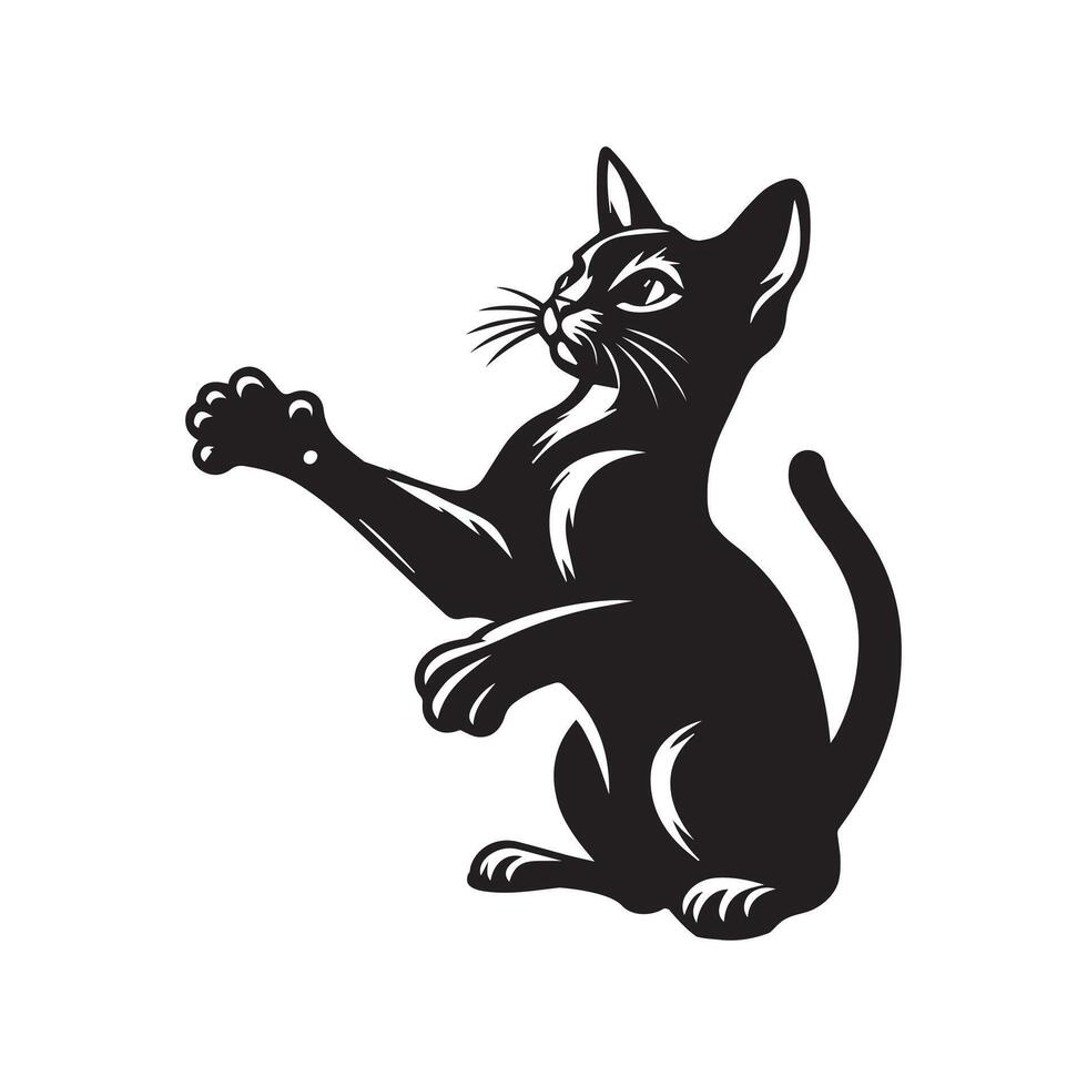 A playful Abyssinian cat illustration in black and white vector