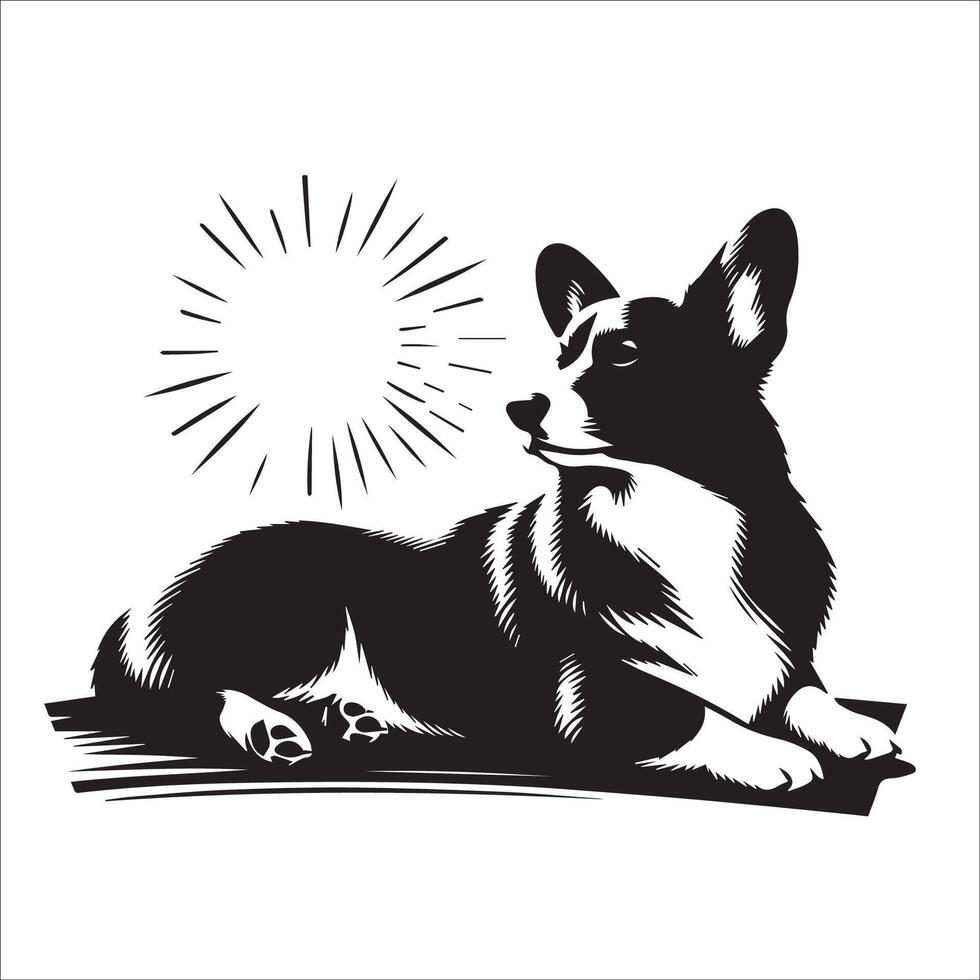 illustration of a Pembroke Welsh Corgi dog lying down in black and white vector