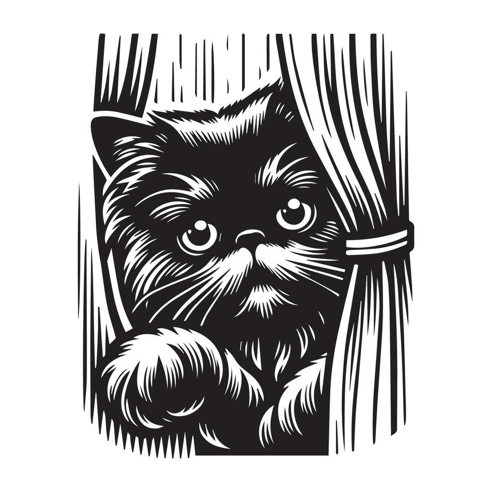 Persian cat peeking out from behind a curtain illustration vector