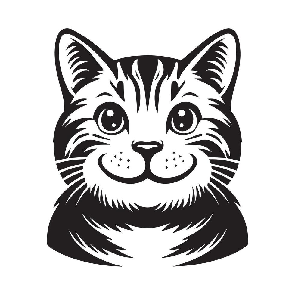 gato logo - americano cabello corto gato sonriente cara en negro y blanco vector