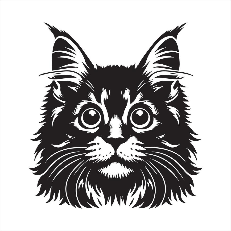 Innocent Maine Coon cat face illustration in black and white vector