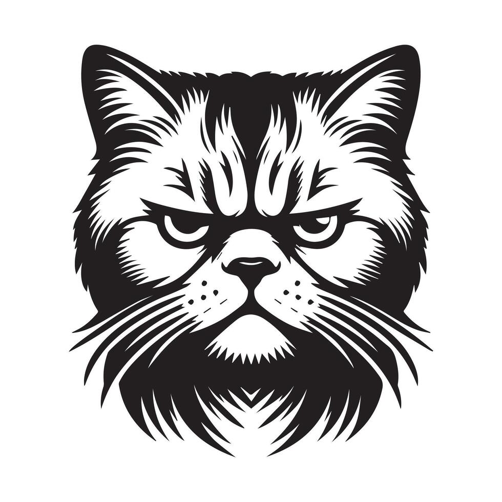 Cat Face - Grumpy American Shorthair Cat face illustration in black and white vector
