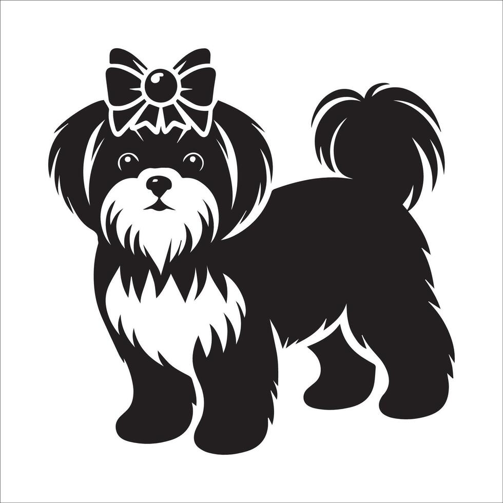 illustration of a cute Shih Tzu dog Standing in black and white vector