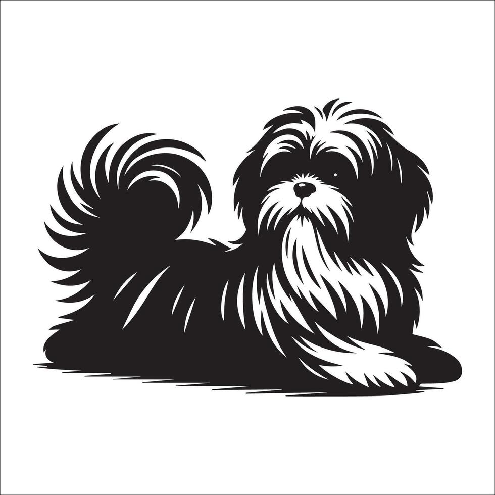 A Shih Tzu dog sitting illustration in black and white vector