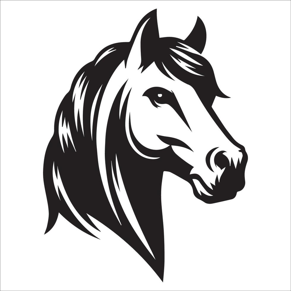 Confident horse face with a stern look illustrated in black and white vector