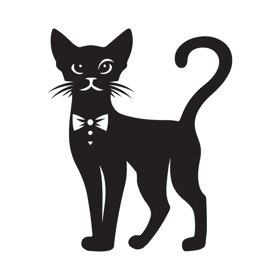 A whimsical Abyssinian cat wearing a bow tie illustrated in black and white vector