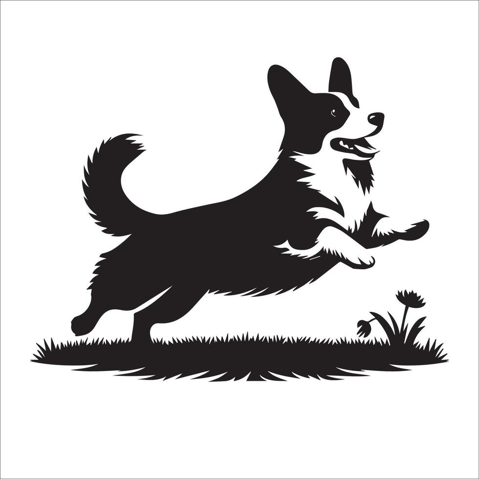 illustration of a Pembroke Welsh Corgi dog jumping in black and white vector