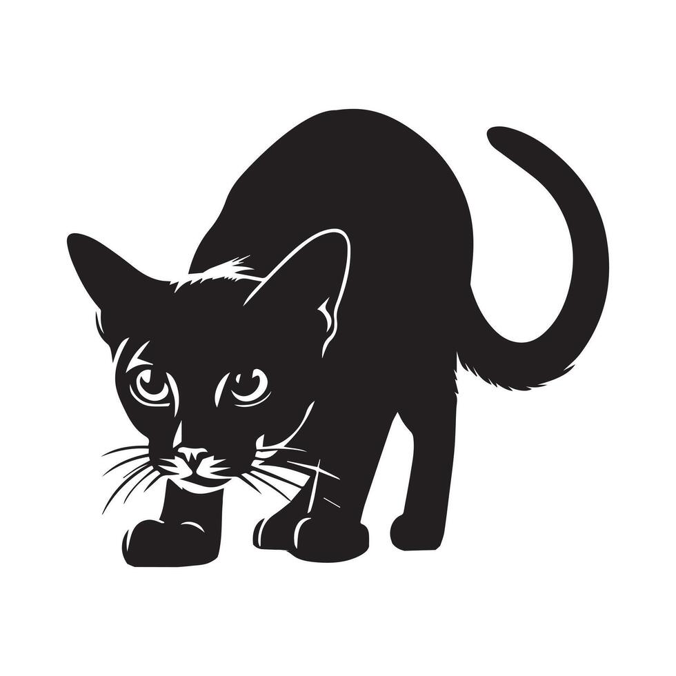 An Abyssinian cat in a stalking pose illustration in black and white vector