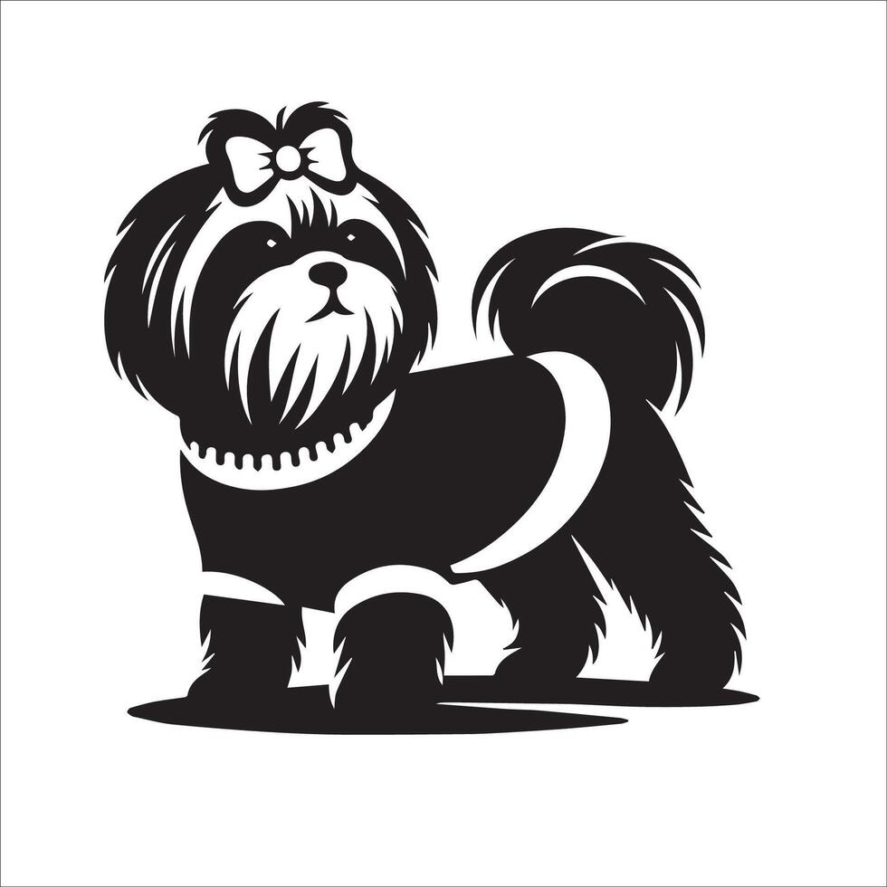 illustration of a Shih Tzu dog Standing in black and white vector
