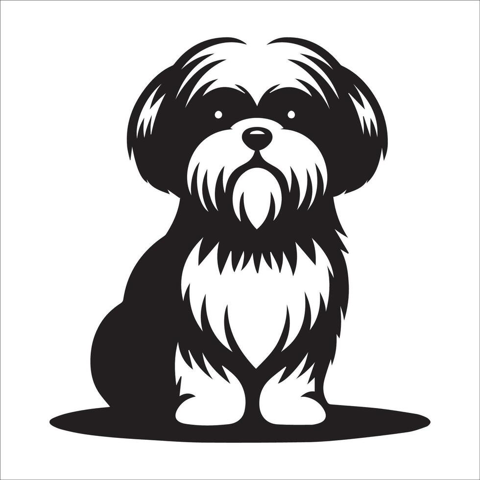 A Shih Tzu dog sitting illustration in black and white vector