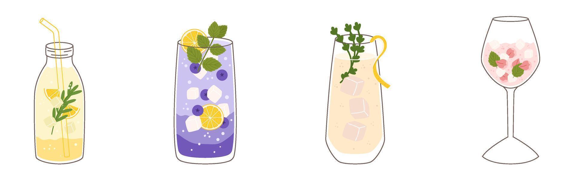 Collection with different taste lemonade and various of glasses shapes. Lemon, blueberry, thyme and rose petals. illustration in outline and flat color style. vector