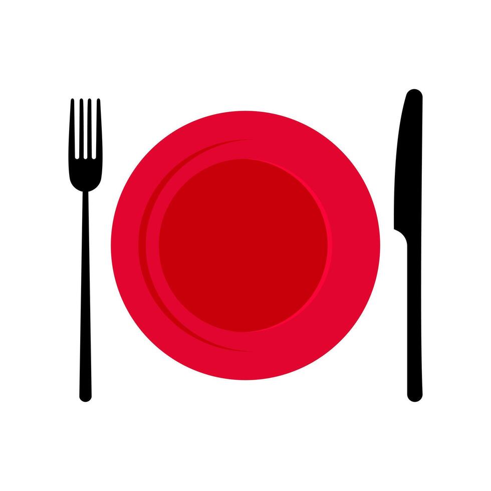 Red plate with black cutlery, fork and knife isolated on white background. vector