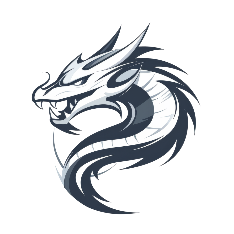 A fierce stylized dragon illustration in grayscale png